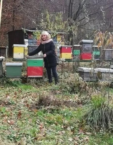 Orijana Mikelec na pčelinjaku među košnicama